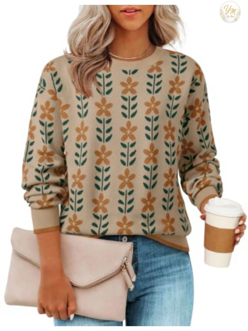 Womens Long Sleeve Crewneck Floral Print Knit Pullover Sweater